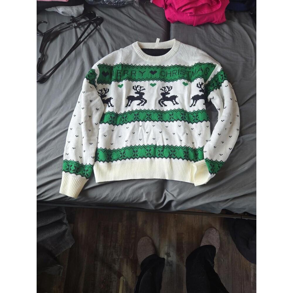 Festive Merry Christmas Reindeer Knit Sweater - Green and White